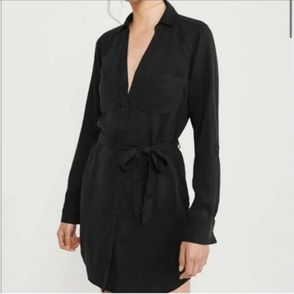 Abercrombie Fitch Satin Belted Button Front Long Sleeve Mini Dress Size LT Black